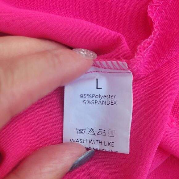 Women's Hot Pink Swiss Dot Lace V-Neck Short Sleeve Blouse Tops Size Large - Picture 11 of 15